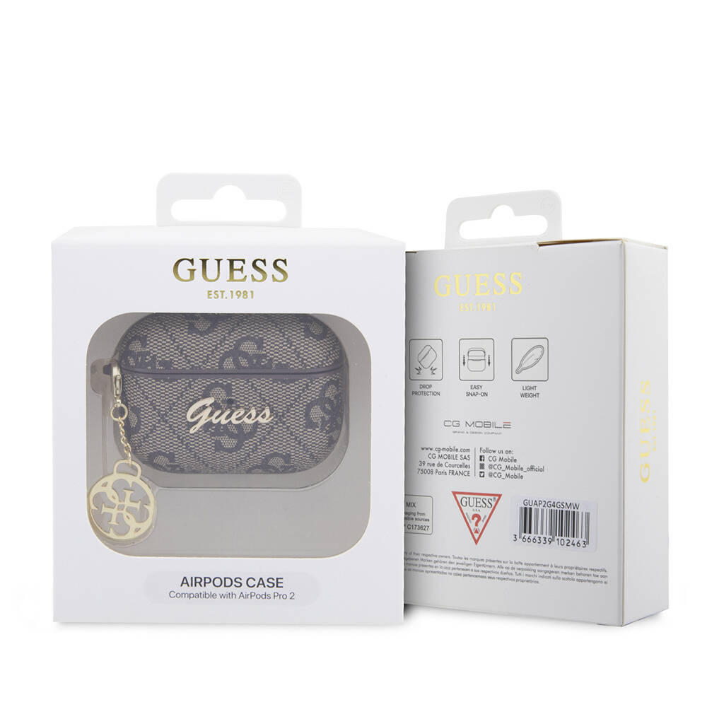 Apple Airpods Pro 2 Kılıf Guess Orjinal Lisanslı 4G Desenli Metal Script Logolu 4G Charm PU Deri Kapak - 4