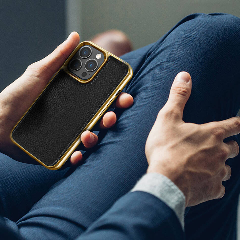 Apple iPhone 13 Pro Kılıf Wiwu Genuine Leather Gold Calfskin Orjinal Deri Kapak - 6