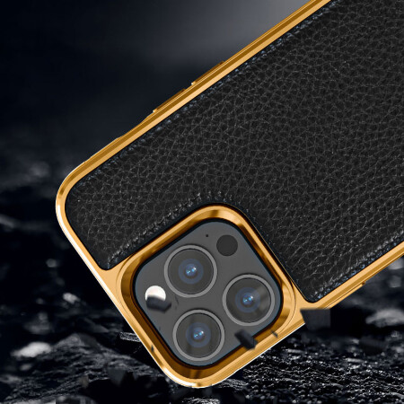 Apple iPhone 13 Pro Kılıf Wiwu Genuine Leather Gold Calfskin Orjinal Deri Kapak - 8