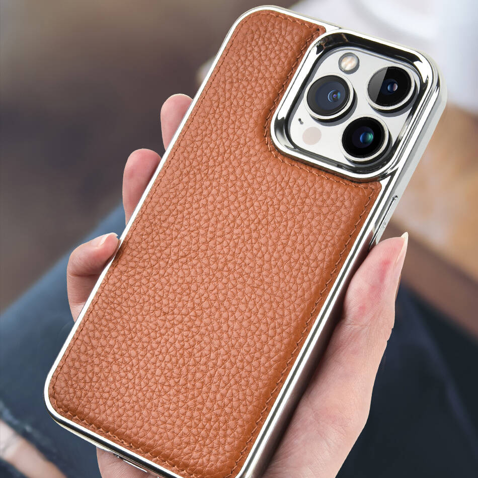 Apple iPhone 13 Pro Kılıf Wiwu Genuine Leather Silver Calfskin Orjinal Deri Kapak - 4