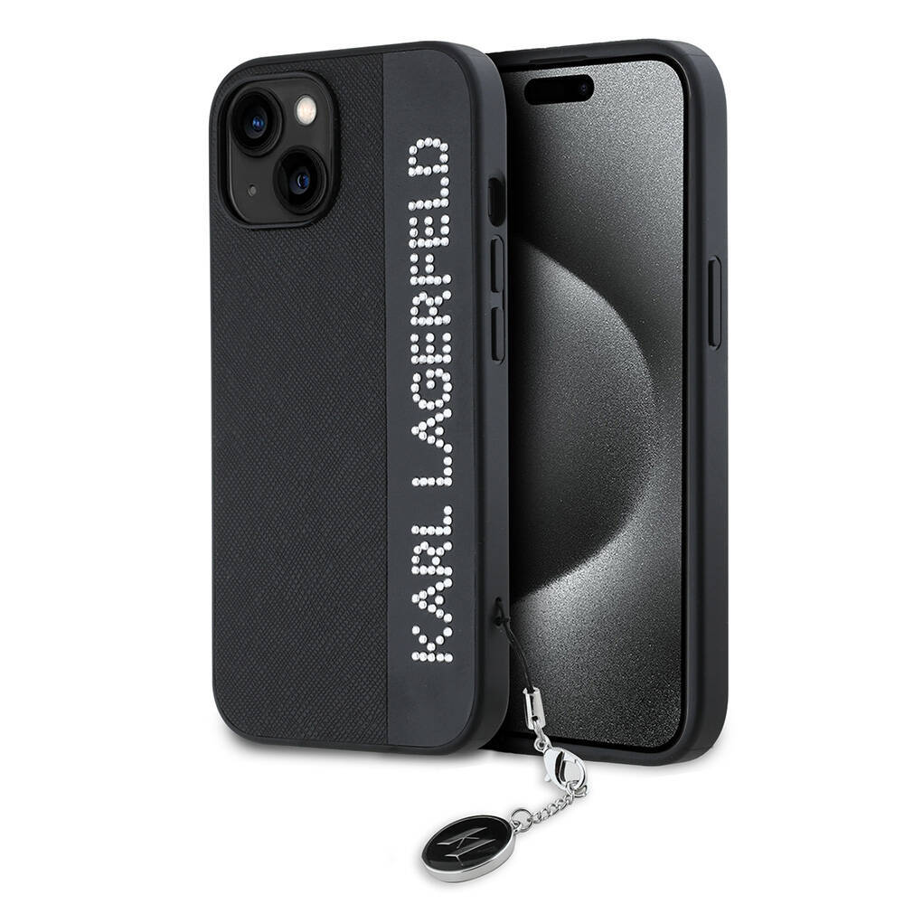 Apple iPhone 14 Kılıf Karl Lagerfeld Orjinal Lisanslı Anahtarlıklı Taşlı KL Yazılı Saffiano Rhinestones Kapak - 3