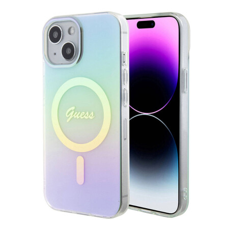 Apple iPhone 15 Kılıf Guess Orjinal Lisanslı Magsafe Şarj Özellikli Yazı Logolu Iridescent Kapak - 12