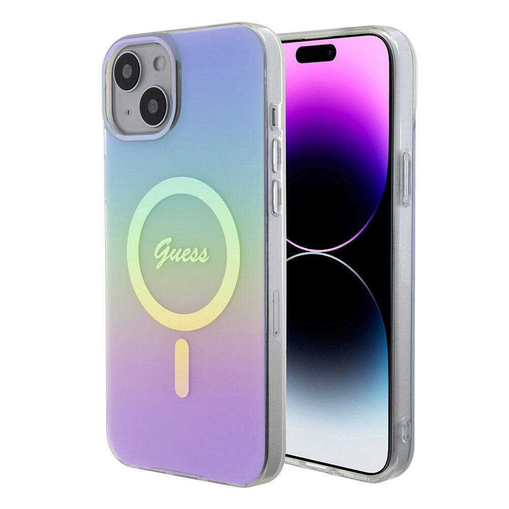 Apple iPhone 15 Kılıf Guess Orjinal Lisanslı Magsafe Şarj Özellikli Yazı Logolu Iridescent Kapak - 19