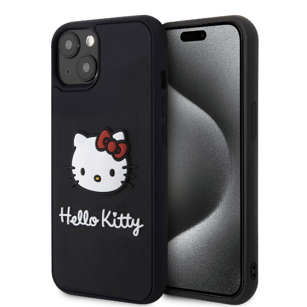 Apple iPhone 15 Kılıf Hello Kitty Orjinal Lisanslı Yazı ve İkonik Logolu 3D Rubber Kitty Head Kapak - 2