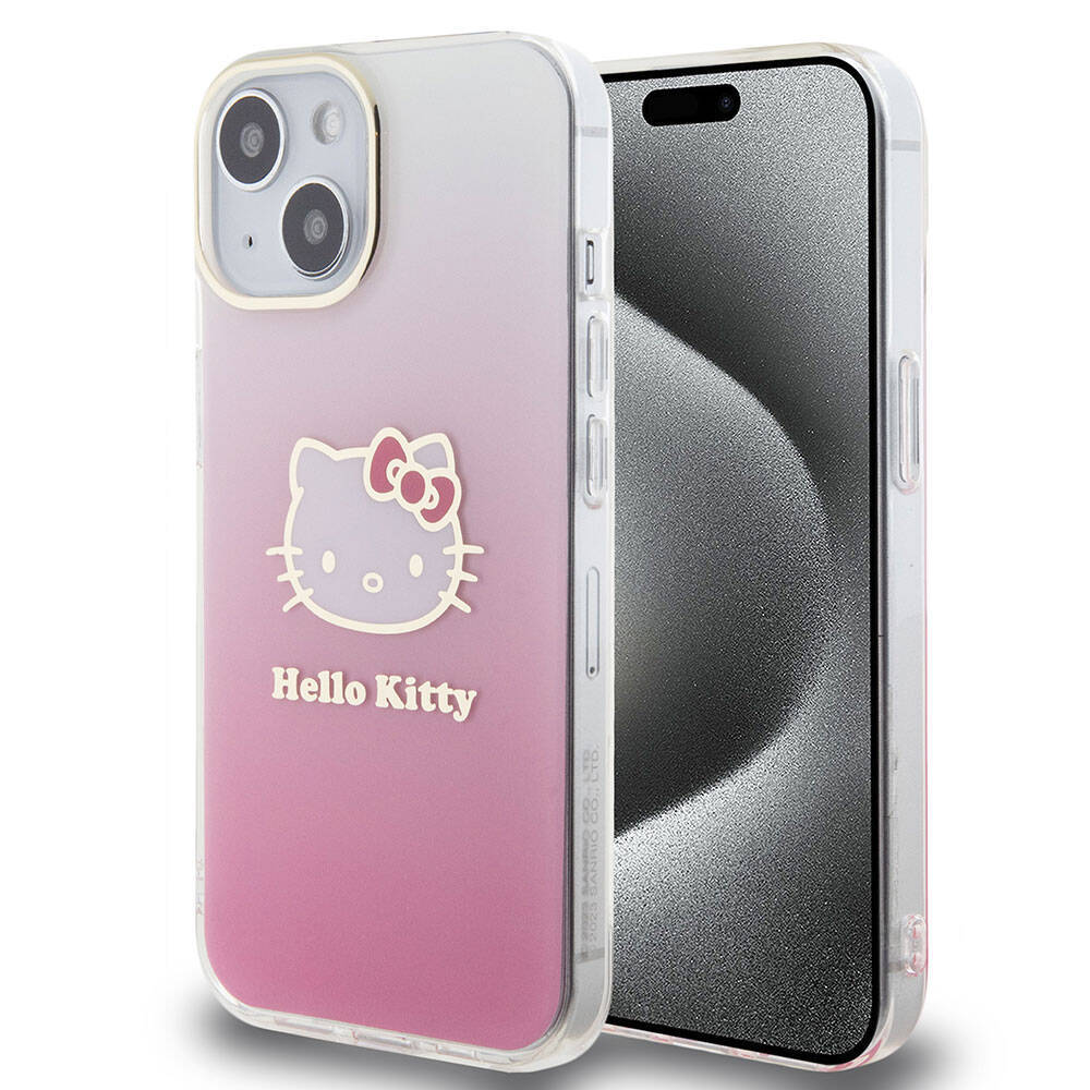 Apple iPhone 15 Kılıf Hello Kitty Orjinal Lisanslı Yazı ve İkonik Logolu Elektroplating Kaplama Gradyan Kapak - 2