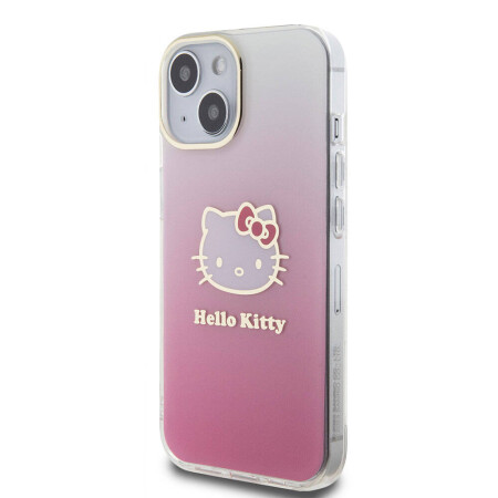 Apple iPhone 15 Kılıf Hello Kitty Orjinal Lisanslı Yazı ve İkonik Logolu Elektroplating Kaplama Gradyan Kapak - 3