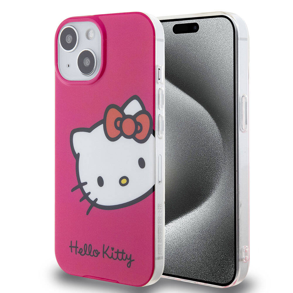 Apple iPhone 15 Kılıf Hello Kitty Orjinal Lisanslı Yazı ve İkonik Logolu Kitty Head Kapak - 1