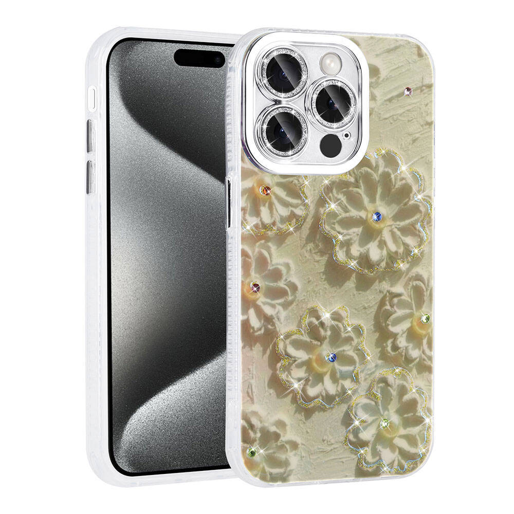 Apple iPhone 15 Pro Kılıf Çiçek Desenli Parlak Taşlı Sert Silikon Zore Garden Kapak - 6