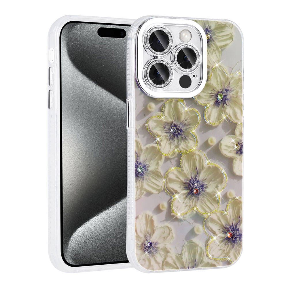 Apple iPhone 15 Pro Kılıf Çiçek Desenli Parlak Taşlı Sert Silikon Zore Garden Kapak - 5