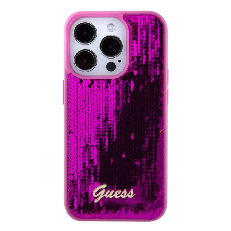 Apple iPhone 15 Pro Kılıf Guess Orjinal Lisanslı Pullu Arka Yüzey Metal Yazı Logolu Sequin Script Kapak - 6