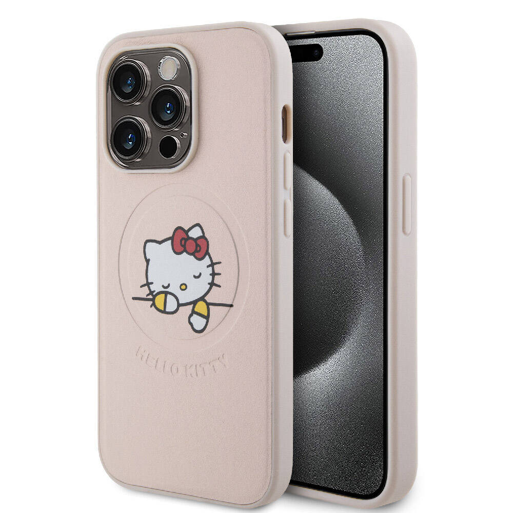 Apple iPhone 15 Pro Kılıf Hello Kitty Orjinal Lisanslı Magsafe Şarj Özellikli Baskı Logolu Uyuyan Kitty Deri Kapak - 3