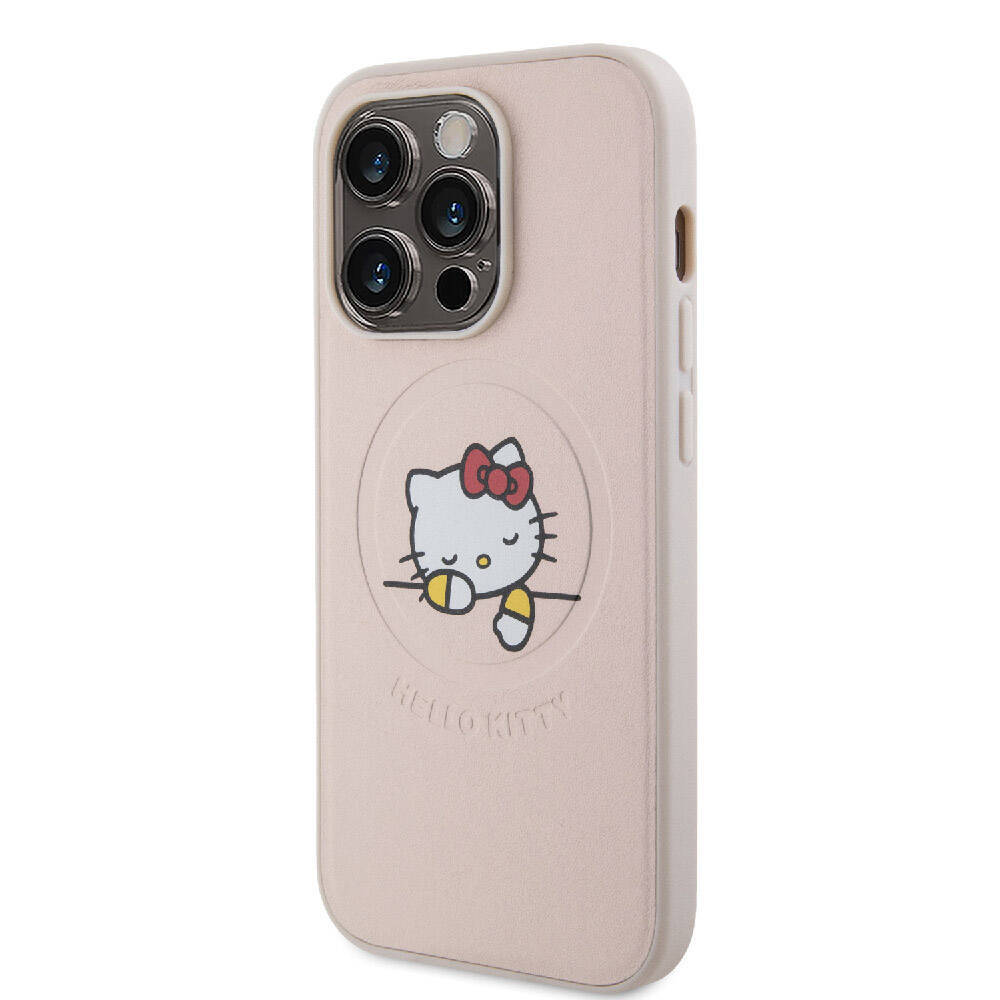 Apple iPhone 15 Pro Kılıf Hello Kitty Orjinal Lisanslı Magsafe Şarj Özellikli Baskı Logolu Uyuyan Kitty Deri Kapak - 4