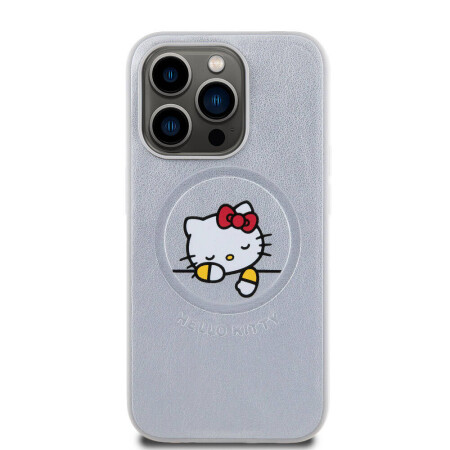 Apple iPhone 15 Pro Kılıf Hello Kitty Orjinal Lisanslı Magsafe Şarj Özellikli Baskı Logolu Uyuyan Kitty Deri Kapak - 12