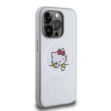 Apple iPhone 15 Pro Kılıf Hello Kitty Orjinal Lisanslı Magsafe Şarj Özellikli Baskı Logolu Uyuyan Kitty Deri Kapak - 13