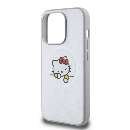 Apple iPhone 15 Pro Kılıf Hello Kitty Orjinal Lisanslı Magsafe Şarj Özellikli Baskı Logolu Uyuyan Kitty Deri Kapak - 15