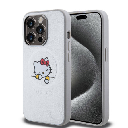 Apple iPhone 15 Pro Kılıf Hello Kitty Orjinal Lisanslı Magsafe Şarj Özellikli Baskı Logolu Uyuyan Kitty Deri Kapak - 2