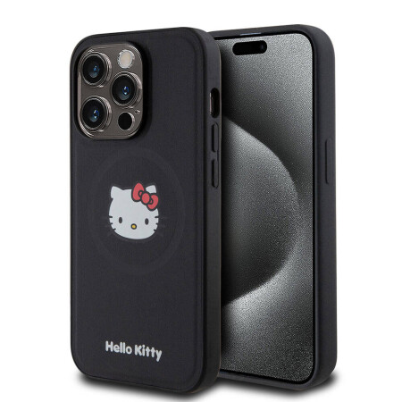 Apple iPhone 15 Pro Kılıf Hello Kitty Orjinal Lisanslı Magsafe Şarj Özellikli Kitty Head Deri Kapak - 10