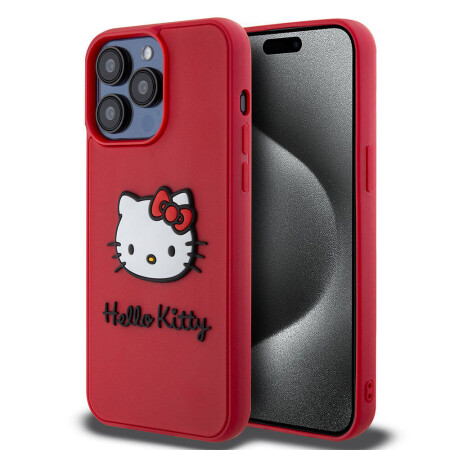 Apple iPhone 15 Pro Kılıf Hello Kitty Orjinal Lisanslı Yazı ve İkonik Logolu 3D Rubber Kitty Head Kapak - 2