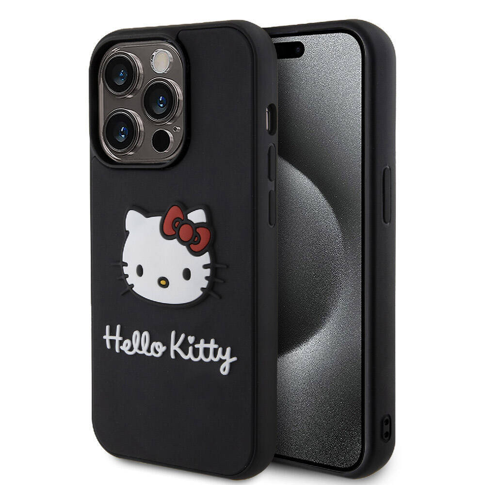 Apple iPhone 15 Pro Kılıf Hello Kitty Orjinal Lisanslı Yazı ve İkonik Logolu 3D Rubber Kitty Head Kapak - 1