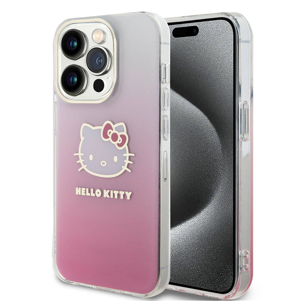 Apple iPhone 15 Pro Kılıf Hello Kitty Orjinal Lisanslı Yazı ve İkonik Logolu Elektroplating Kaplama Gradyan Kapak - 3