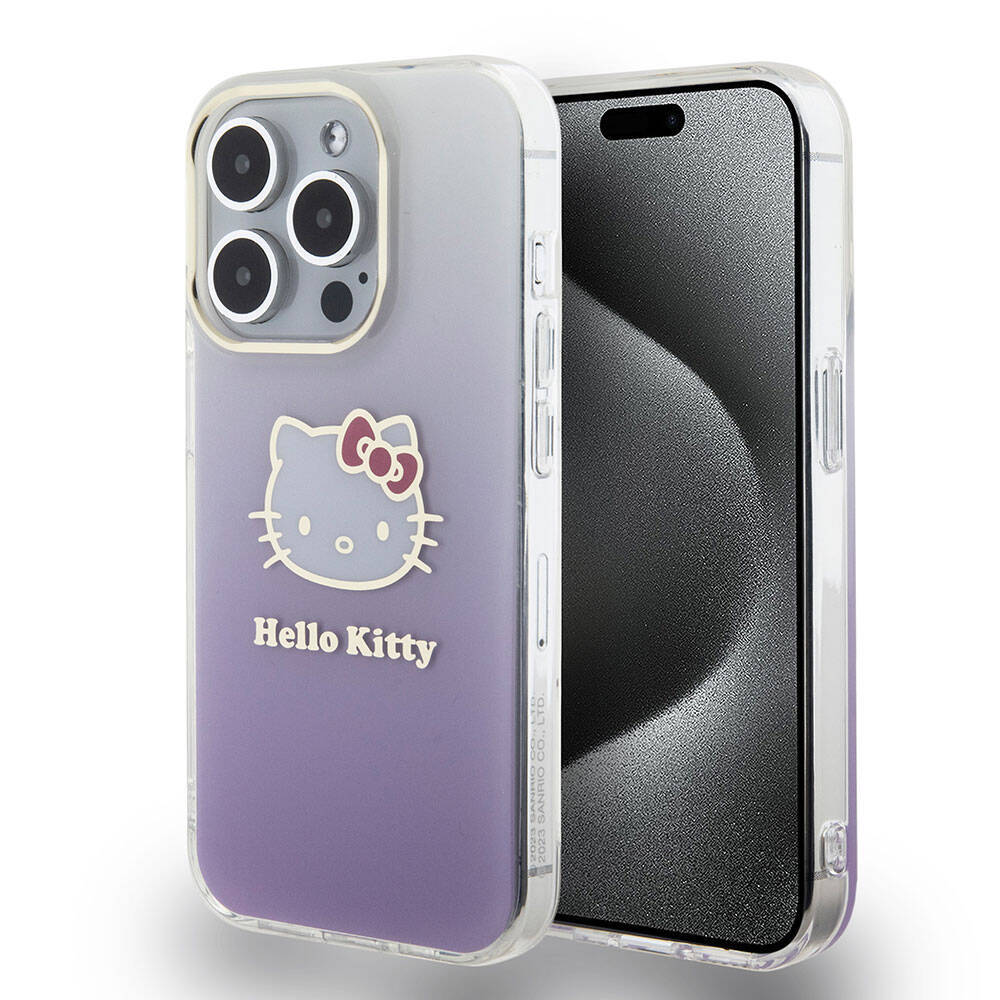 Apple iPhone 15 Pro Kılıf Hello Kitty Orjinal Lisanslı Yazı ve İkonik Logolu Elektroplating Kaplama Gradyan Kapak - 2