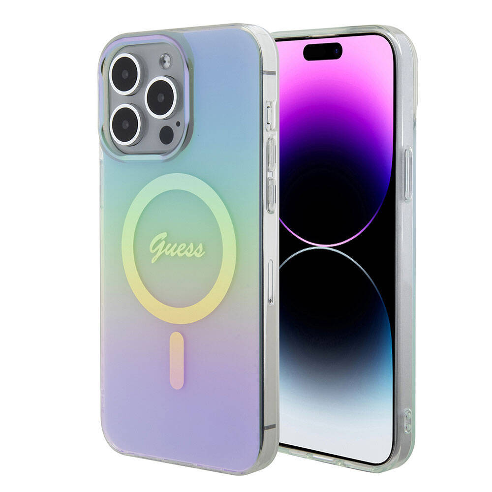 Apple iPhone 15 Pro Max Kılıf Guess Orjinal Lisanslı Magsafe Şarj Özellikli Yazı Logolu Iridescent Kapak - 6