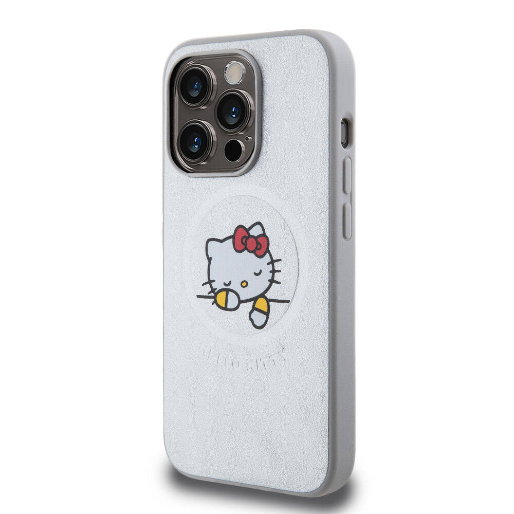 Apple iPhone 15 Pro Max Kılıf Hello Kitty Orjinal Lisanslı Magsafe Şarj Özellikli Baskı Logolu Uyuyan Kitty Deri Kapak - 4