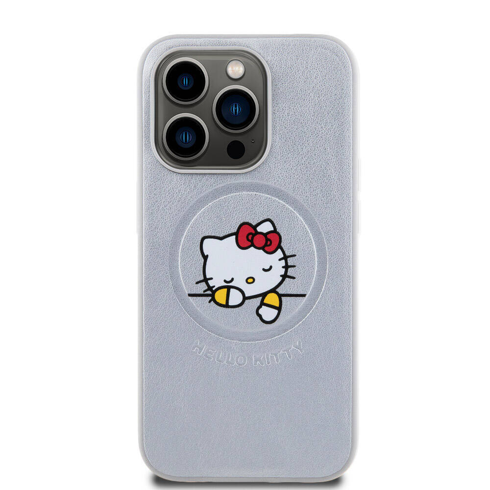 Apple iPhone 15 Pro Max Kılıf Hello Kitty Orjinal Lisanslı Magsafe Şarj Özellikli Baskı Logolu Uyuyan Kitty Deri Kapak - 5