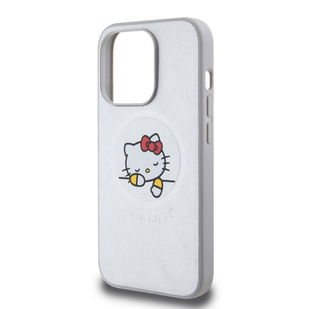 Apple iPhone 15 Pro Max Kılıf Hello Kitty Orjinal Lisanslı Magsafe Şarj Özellikli Baskı Logolu Uyuyan Kitty Deri Kapak - 8