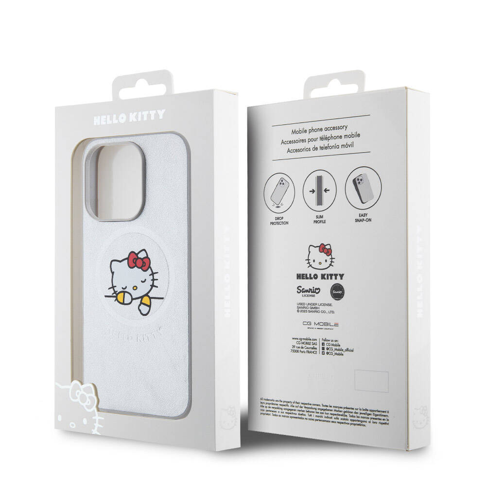 Apple iPhone 15 Pro Max Kılıf Hello Kitty Orjinal Lisanslı Magsafe Şarj Özellikli Baskı Logolu Uyuyan Kitty Deri Kapak - 10