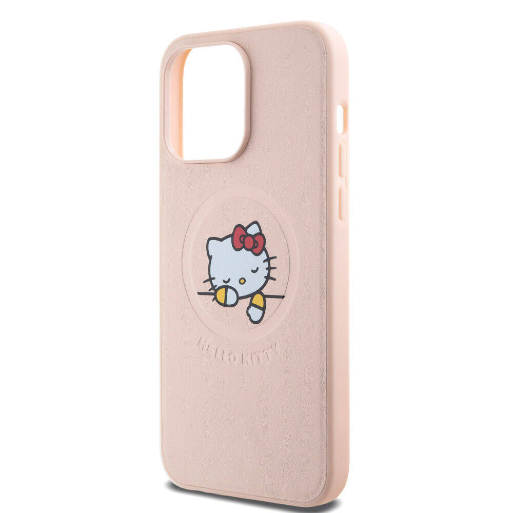 Apple iPhone 15 Pro Max Kılıf Hello Kitty Orjinal Lisanslı Magsafe Şarj Özellikli Baskı Logolu Uyuyan Kitty Deri Kapak - 15