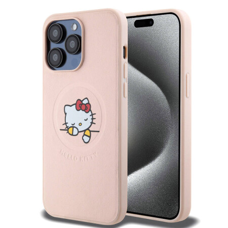 Apple iPhone 15 Pro Max Kılıf Hello Kitty Orjinal Lisanslı Magsafe Şarj Özellikli Baskı Logolu Uyuyan Kitty Deri Kapak - 1