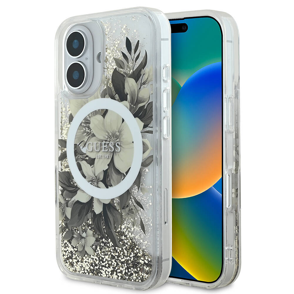 Apple iPhone 16 Kılıf Guess Orjinal Lisanslı Magsafe Şarj Özellikli LIQ Glitter Flower Kapak - 1