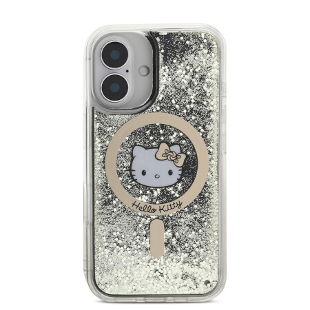 Apple iPhone 16 Kılıf Hello Kitty Orjinal Lisanslı Magsafe Şarj Özellikli IML Baskı Kitty Head Logolu Sıvılı Simli Altın Ateşi Kapak - 4