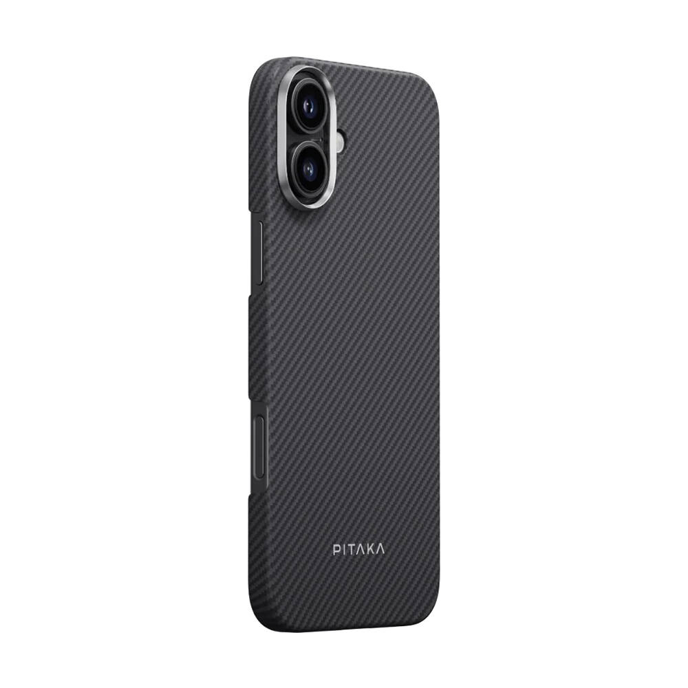 Apple iPhone 16 Plus Kılıf Magsafe Şarj Özellikli 600D Aramid Fiber Pitaka Ultra-Slim Classic Serisi Black-Grey Twill Kapak - 2