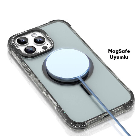 Apple iPhone 16 Pro Max Kılıf Magsafe Şarj Özellikli Taşlı ve Simli Tasarım Mutural Blink Kapak - 7