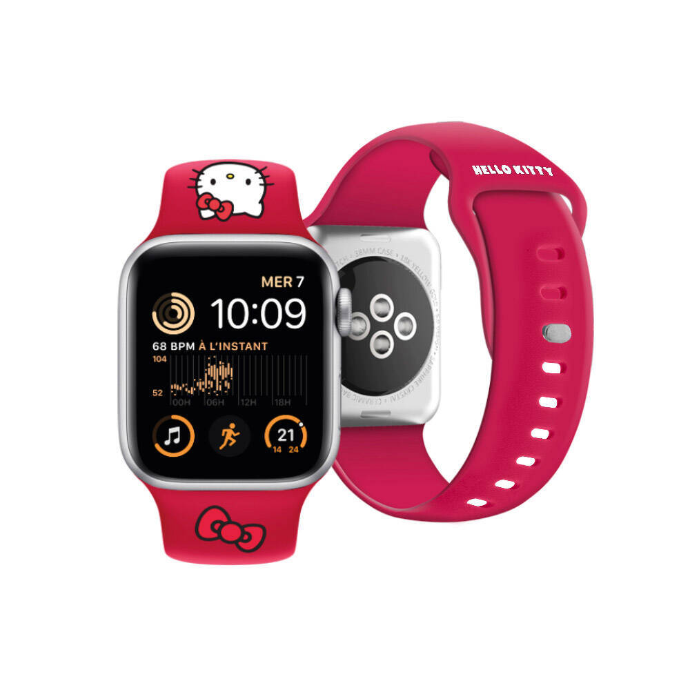Apple Watch 41mm Hello Kitty Orjinal Lisanslı Yazı Logolu Fiyonk & Kitty Head Silikon Kordon - 5