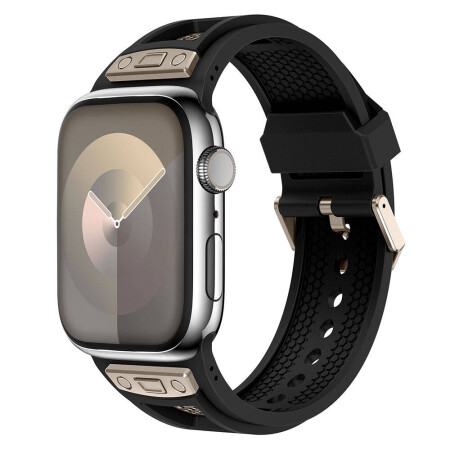 Apple Watch 44mm Zore KRD-117 Hava Alabilen Delikli Metal Süslemeli Desenli Silikon Kordon - 4