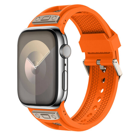 Apple Watch 44mm Zore KRD-117 Hava Alabilen Delikli Metal Süslemeli Desenli Silikon Kordon - 2