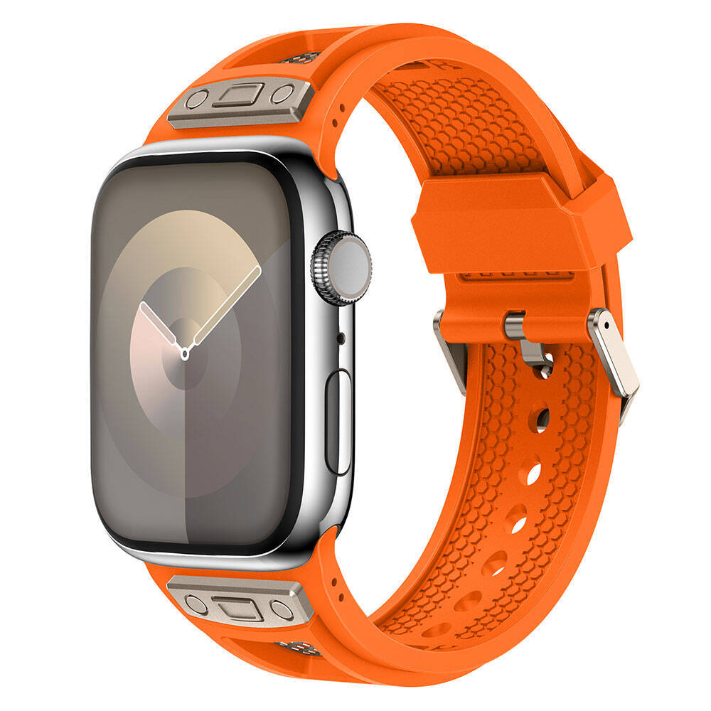 Apple Watch 44mm Zore KRD-117 Hava Alabilen Delikli Metal Süslemeli Desenli Silikon Kordon - 13