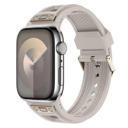 Apple Watch 44mm Zore KRD-117 Hava Alabilen Delikli Metal Süslemeli Desenli Silikon Kordon - 12