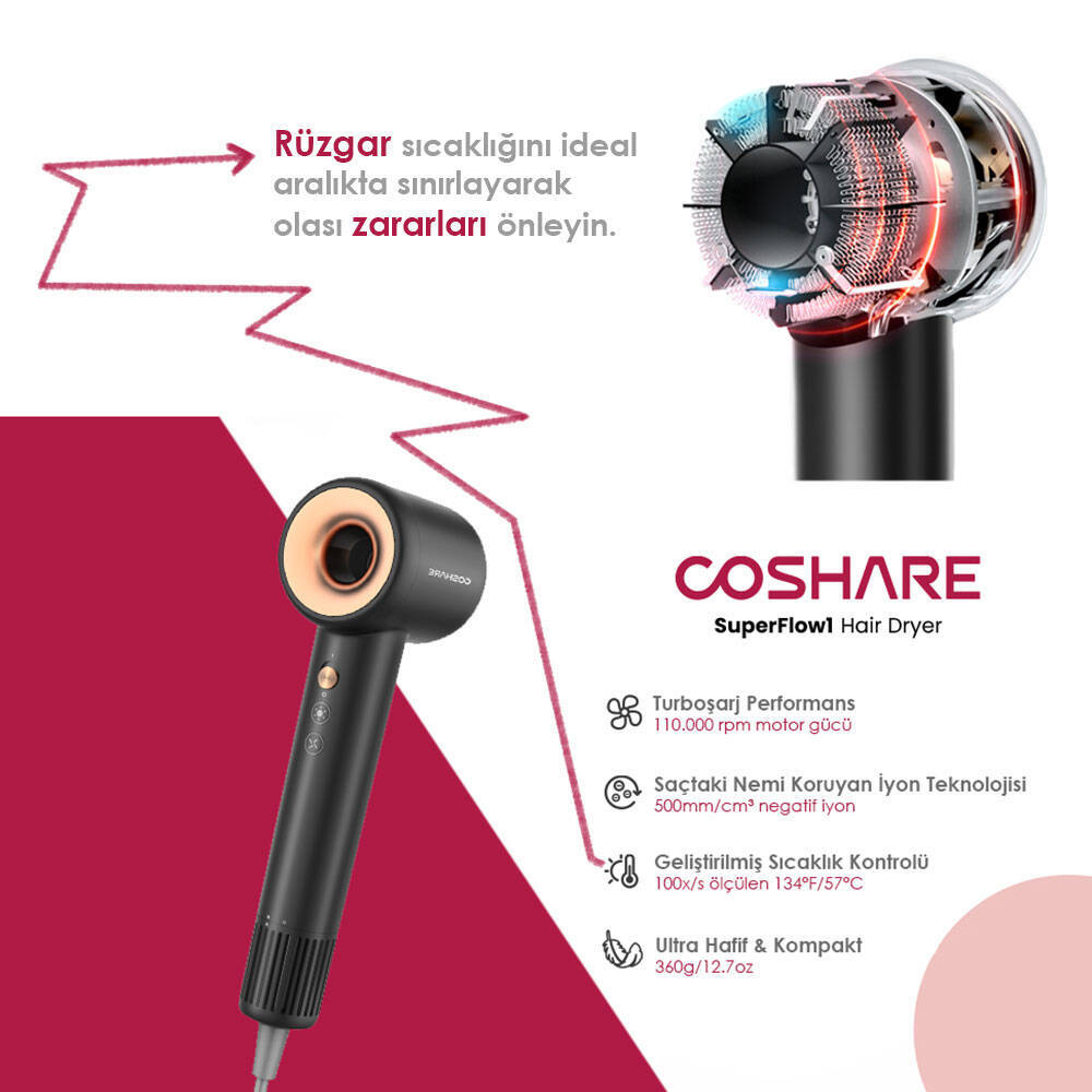 Coshare HD10E SuperFlow1 İyon Teknolojili Isı Dereceli Led Işıklı Saç Kurutma Fön Makinesi - 19