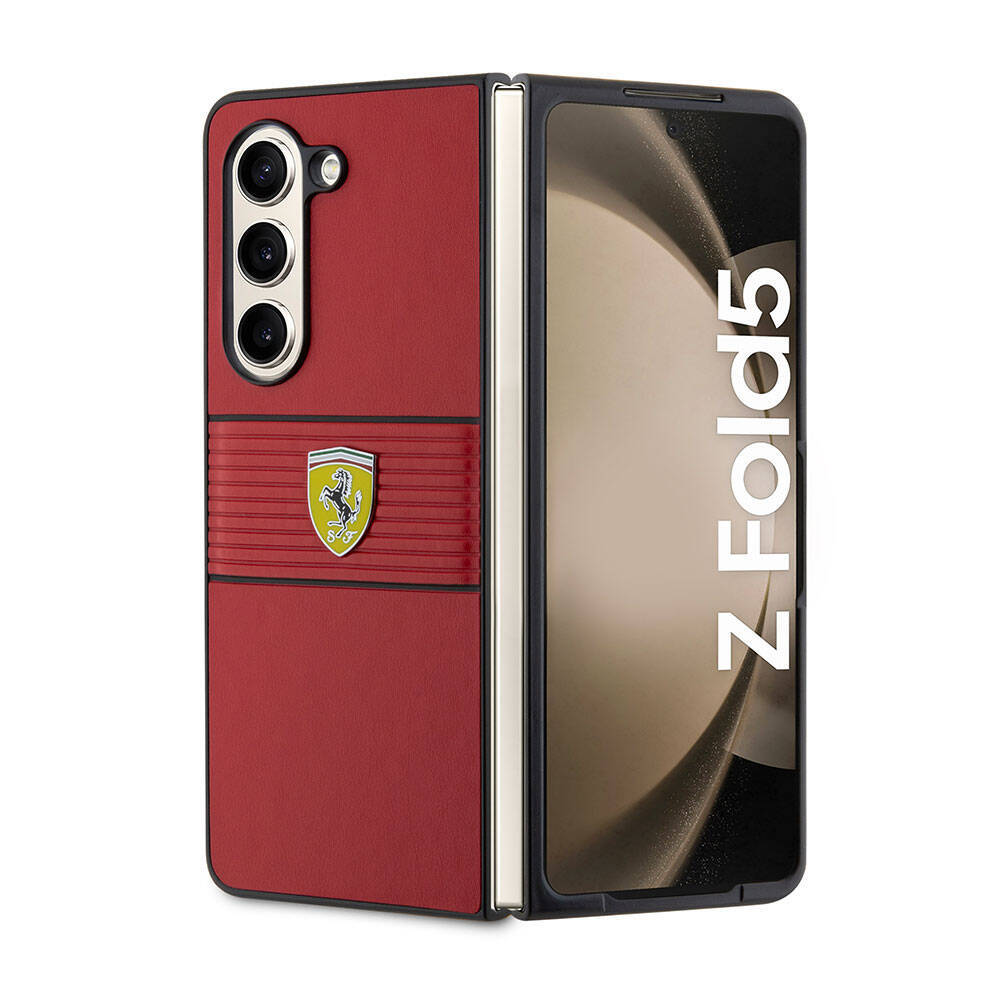 Galaxy Z Fold 5 Kılıf Ferrari Orjinal Lisanslı PU Deri Metal Logolu Multi Çizgili Kapak - 1