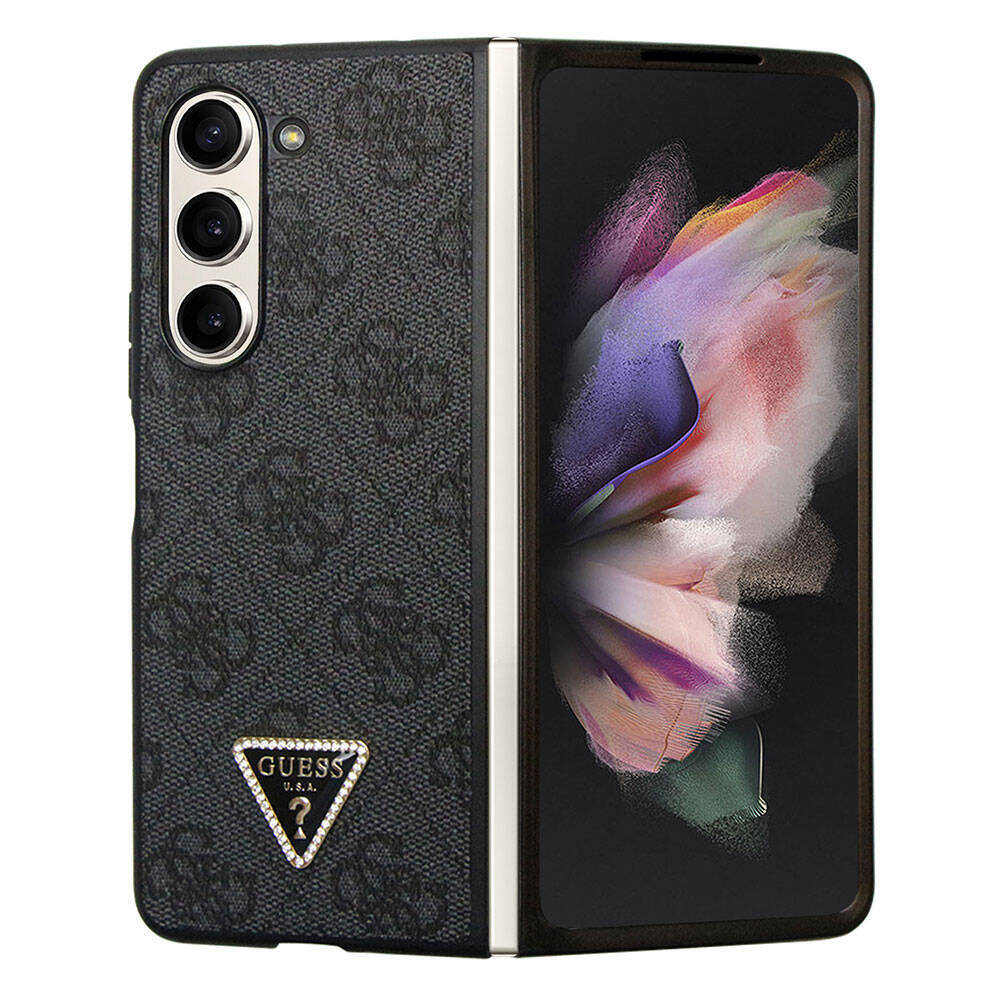 Galaxy Z Fold 5 Kılıf Guess Orjinal Lisanslı PU Deri Taşlı Üçgen Logo 4G Desenli Strass Kapak - 10