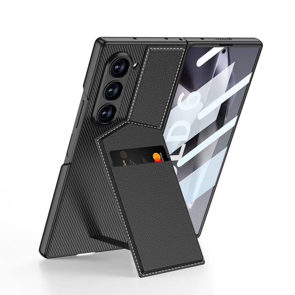 Galaxy Z Fold 6 Kılıf Karbon Fiber Deri Kartlıklı Zore Kıpta Dik Açılan Kartlıklı Kapak - 1