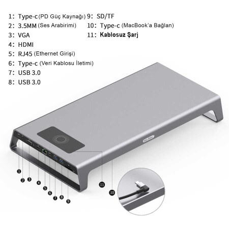 Go Des GD-9128 Hub ve Kablosuz Şarj Destekli Laptop Standı Docking Station Stand - 5