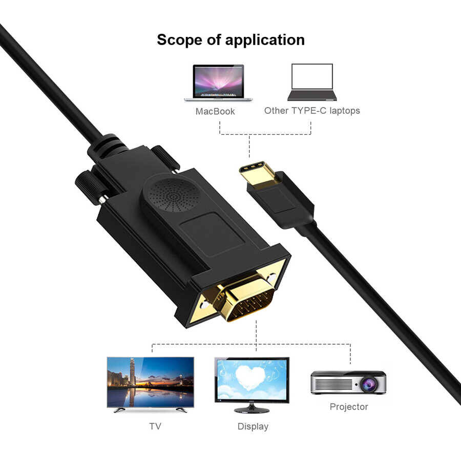 Qgeem QG-UA17 Type-C to VGA Adaptörü Yüksek Çözünürlüklü Dönüştürücü Kablo 1080p 60Hz 1.2 metre - 3