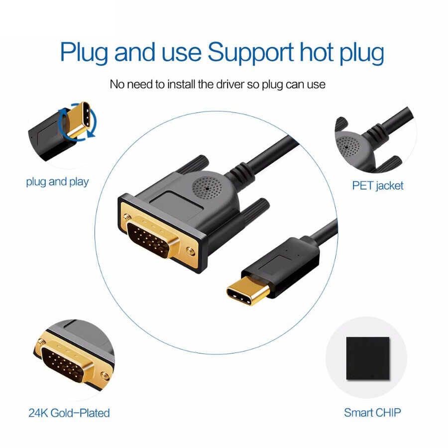 Qgeem QG-UA17 Type-C to VGA Adaptörü Yüksek Çözünürlüklü Dönüştürücü Kablo 1080p 60Hz 1.2 metre - 10