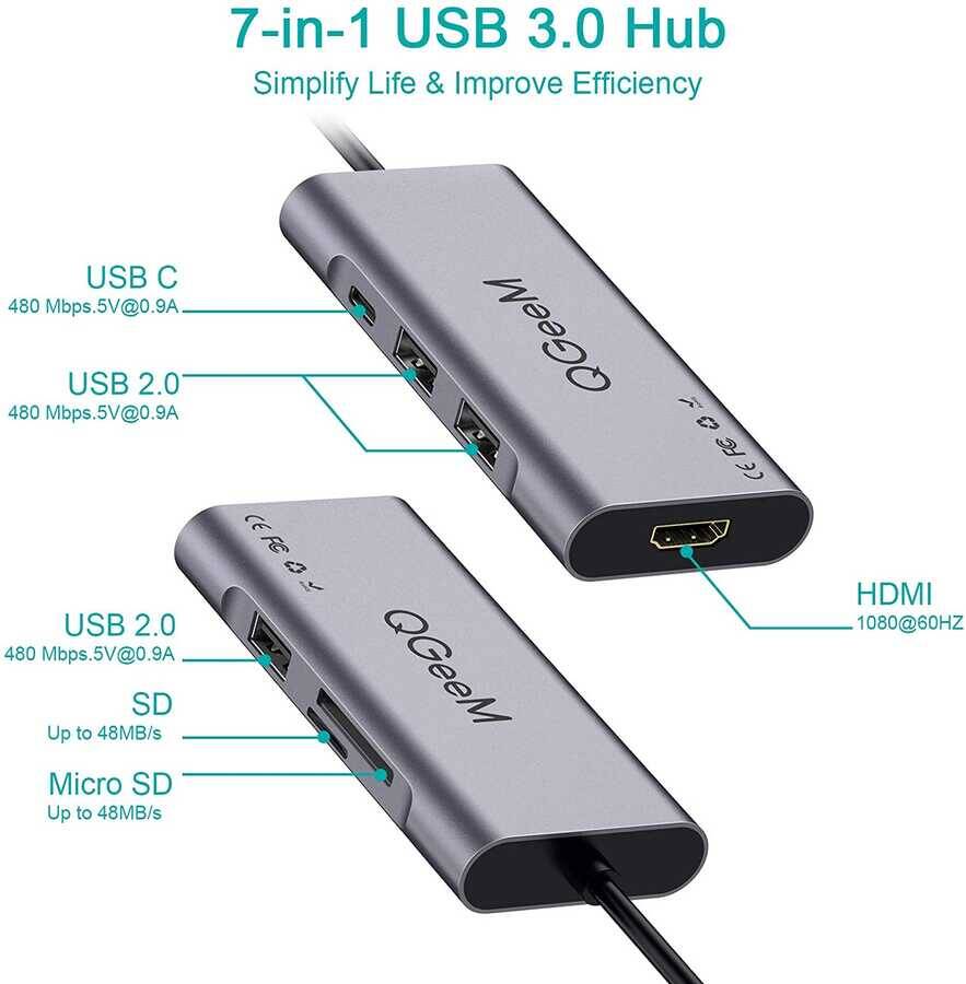 Qgeem QG-UH07-A Type-C Çoğaltıcı ve Dönüştürücü Hub Usb 3.0 HDMI 4K SD Kart 85W 5120Mbps - 4