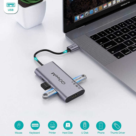 Qgeem QG-UH07-A Type-C Çoğaltıcı ve Dönüştürücü Hub Usb 3.0 HDMI 4K SD Kart 85W 5120Mbps - 6